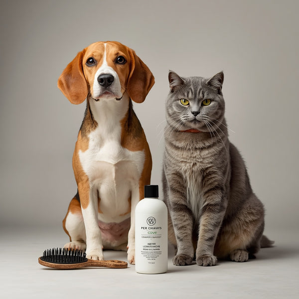A beagle and a gray tabby cat sit side by side in front of a white bottle of pet hair remover, with a wooden hairbrush on the floor. The bottle label reads 'VET CARES HOME REMOVER'.