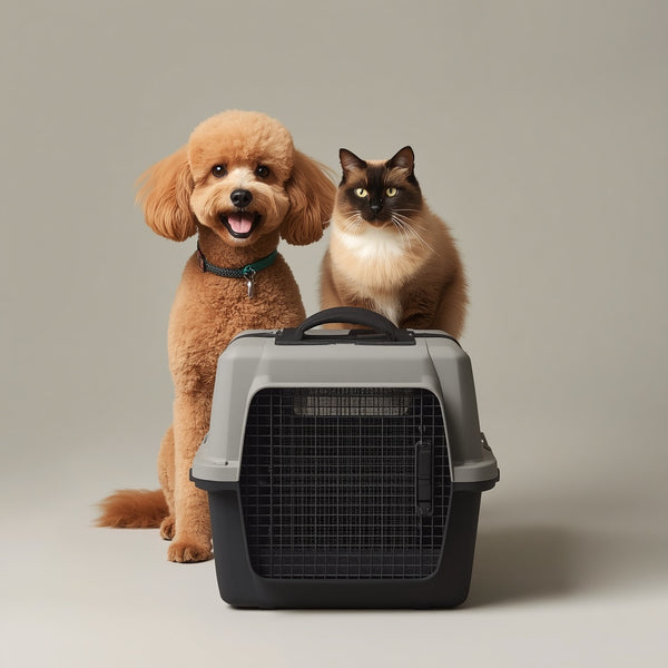 A brown poodle and a brown and white cat sit behind a gray and black pet carrier against a solid light gray background.