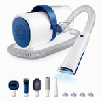 A cordless hair dryer attachment set with a white and blue main unit, flexible clear hose, handheld dryer wand, and several interchangeable nozzles shown below on a white background..