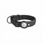 Detailed view of the protective AirTag holder mounted on the dog collar