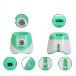 PAWZINA automatic fetch toy displayed with six tennis balls and charging cable