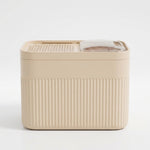Clear cat food storage bin showing the locking lid design