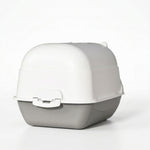 Front view of the PAWZINA covered cat litter box and paw-print door