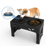 Double dog bowl stand shown with separate food and water bowls
