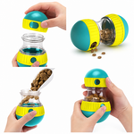 A pet feeder toy shown in a four-panel collage with human hands demonstrating how to open, pour food into, and hold the container. The feeder has a teal and yellow spherical design with a clear middle section containing kibble, and a small blue pet feeder jar sits inside one view.