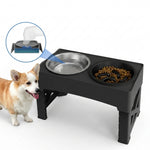 Close-up of stainless steel bowls inside the raised dog feeder