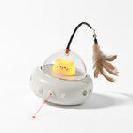 UFO-style cat toy with feather teaser attachment for indoor play